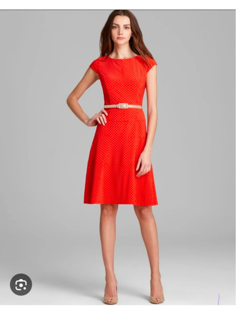 Anne Klein Red Beige Polka Dot Cap Sleeve Flowy Retro Dress Size 8 OfficeSiren